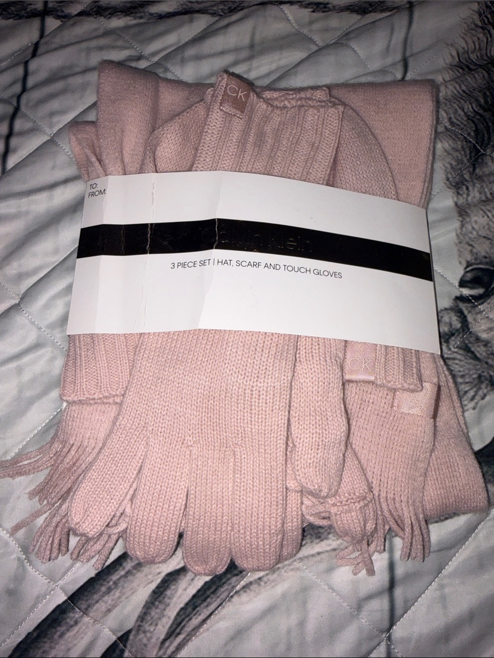 Calvin Klein Blush Pink 3-Piece Knit Hat, Scarf & Touch Gloves Set